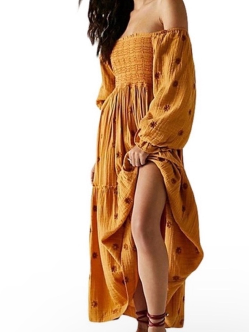 Free People Mustard Dahlia Embroidered Off-Shoulder Smocked Maxi Dress
